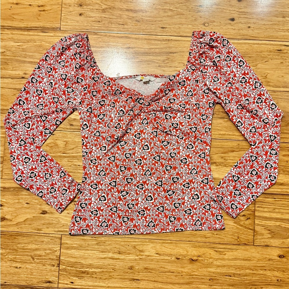 NWOT Boden Sweetheart Jersey Top Long Sleeve Red Floral Pattern Size 8